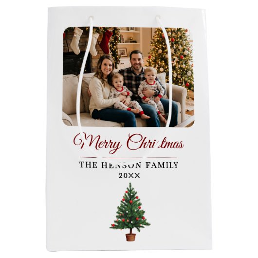 Modern Personalized Family Photo Christmas ミディアムペーパーバッグ (正面)
