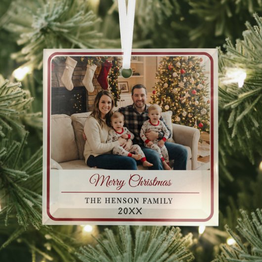 Modern Personalized Family Photo Merry Christmas  ガラスオーナメント (インサイチュ)