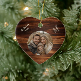 Modern Personalized Family Photo Woodgrain Heart セラミックオーナメント