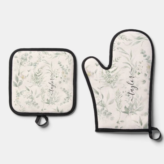 Modern Personalized Greenery Print 鍋つかみ&鍋敷きセット (正面)