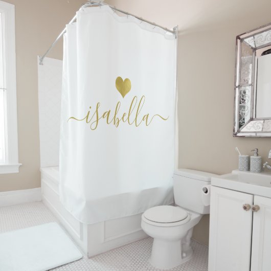 Modern Personalized Script Name Gold Heart シャワーカーテン (インサイチュ)