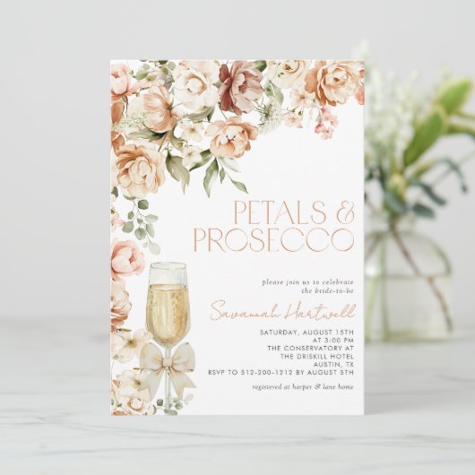 Modern Petals & Prosecco Floral Bow Bridal Shower 招待状 (スタンド正面)