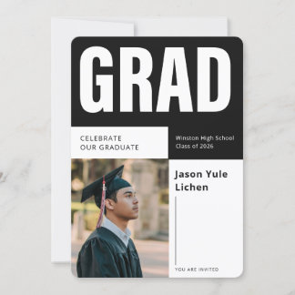 Modern Photo Black and White Graduation Party 招待状