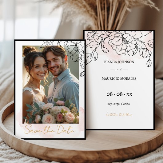 Modern Photo / Blush Watercolor and Black Florals セーブザデート