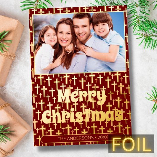 Modern photo Christmas cross elegant red burgundy 箔シーズンカード