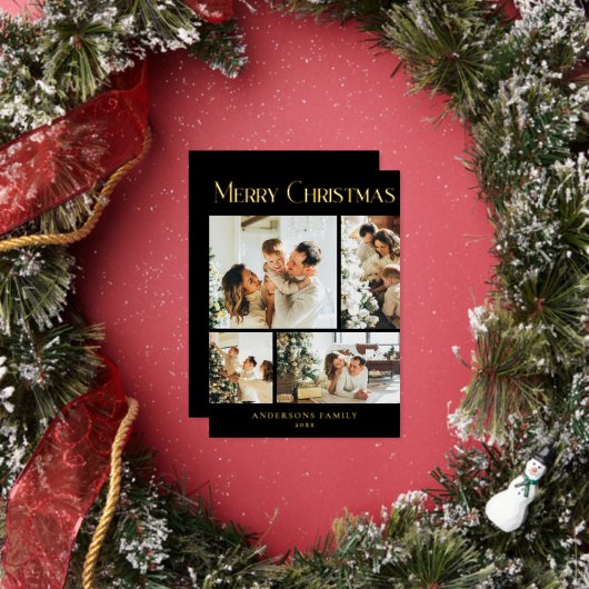 Modern Photo Collage Minimal Black Merry Christmas 箔シーズンカード (インサイチュ)