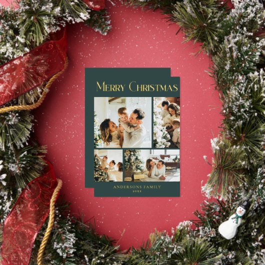 Modern Photo Collage Minimal Green Merry Christmas 箔シーズンカード (インサイチュ)