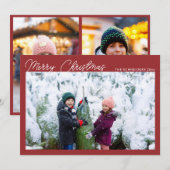Modern Photo Collage Red Script Merry Christmas シーズンカード (正面/裏面)