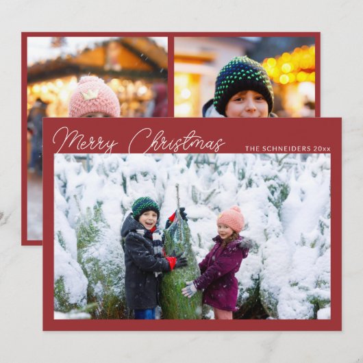 Modern Photo Collage Red Script Merry Christmas シーズンカード (正面/裏面)