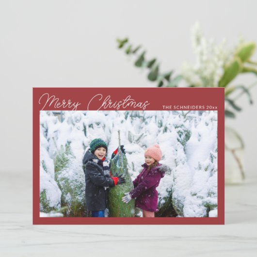 Modern Photo Collage Red Script Merry Christmas シーズンカード (スタンド正面)