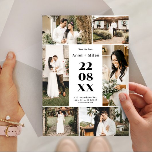 Modern Photo Collage Save the Date Wedding 招待状