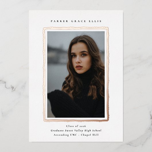 Modern Photo Graduation RoseGold Foil Announcement 箔招待状 (正面)