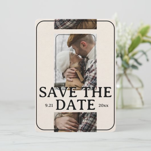 Modern Photo Grid with Bold Serif Save the Date 招待状 (スタンド正面)