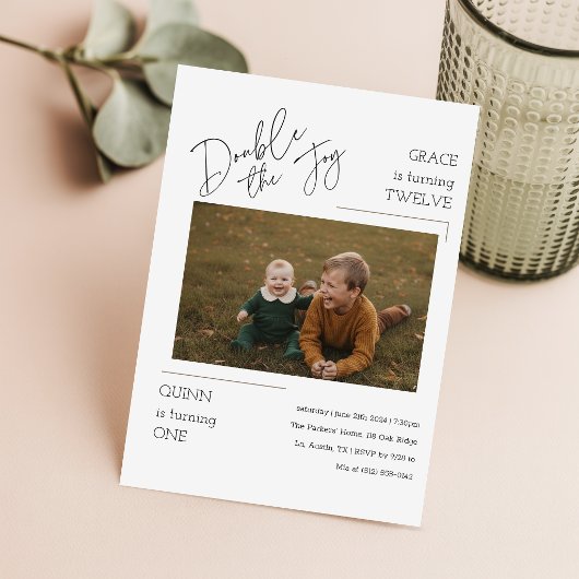 Modern Photo Joint Kids Siblings Birthday Party 招待状