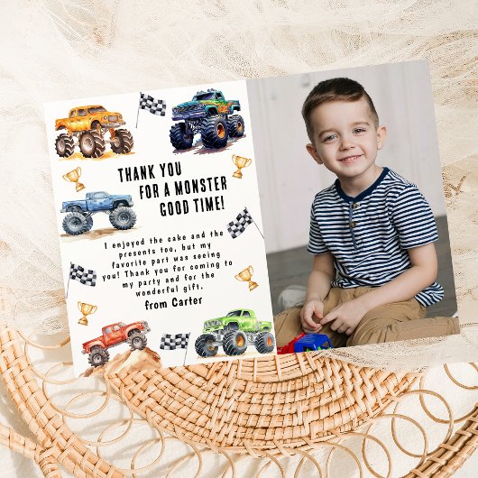 Modern Photo | Kids Monster Trucks Birthday Party サンキューカード