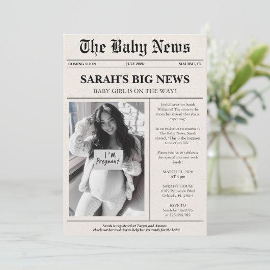 Modern Photo Newspaper Baby Shower 招待状 (スタンド正面)