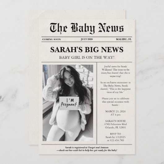 Modern Photo Newspaper Baby Shower 招待状 (正面/裏面)