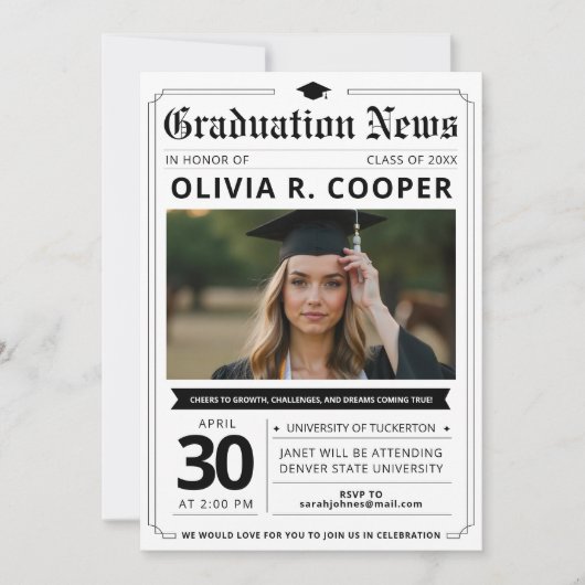 Modern Photo Newspaper Graduation 招待状 (正面)