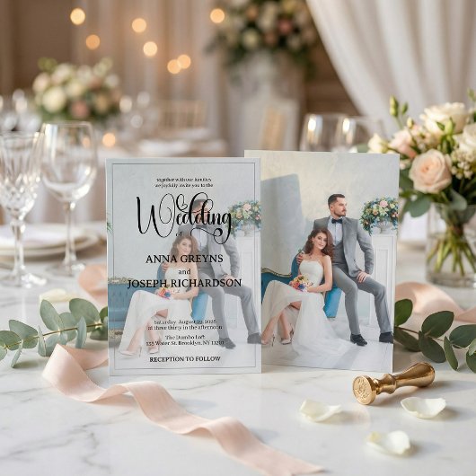 Modern Photo Overlay Black Calligraphy Wedding  招待状