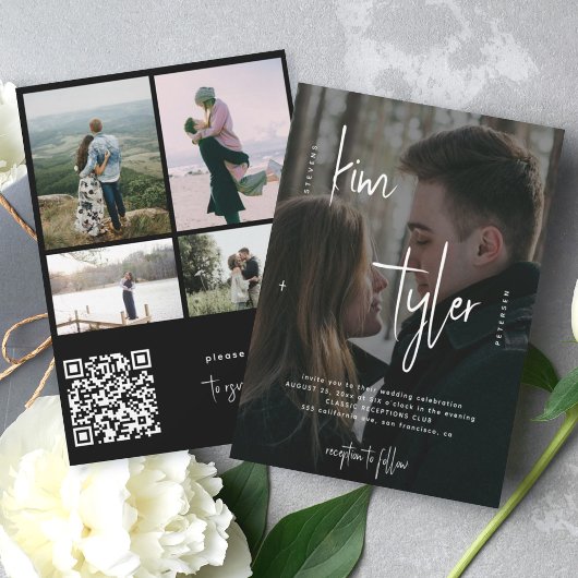 Modern photo overlay QR CODE script names wedding 招待状