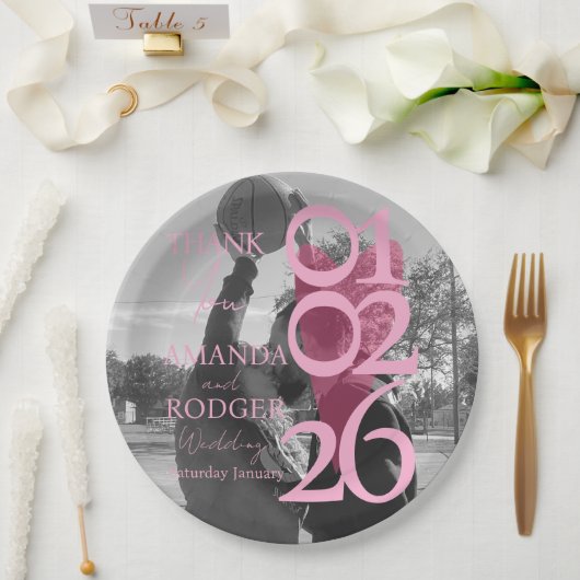 Modern Photo Pink Typography  Thank You Card ペーパープレート (ウェディング)