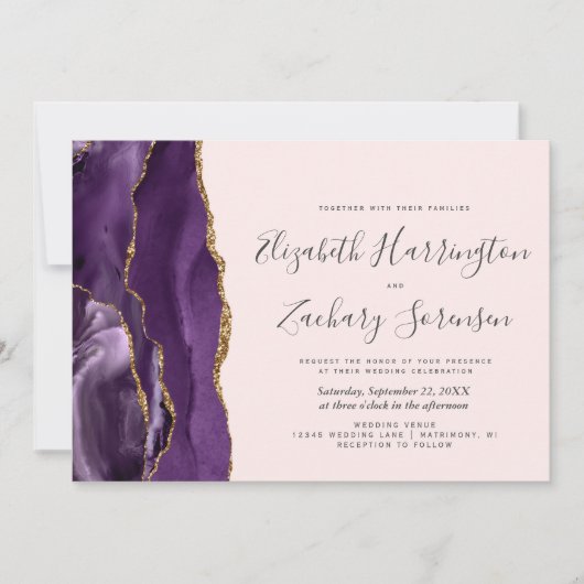 Modern Photo Purple Gold Agate Blush Wedding 招待状 (正面)