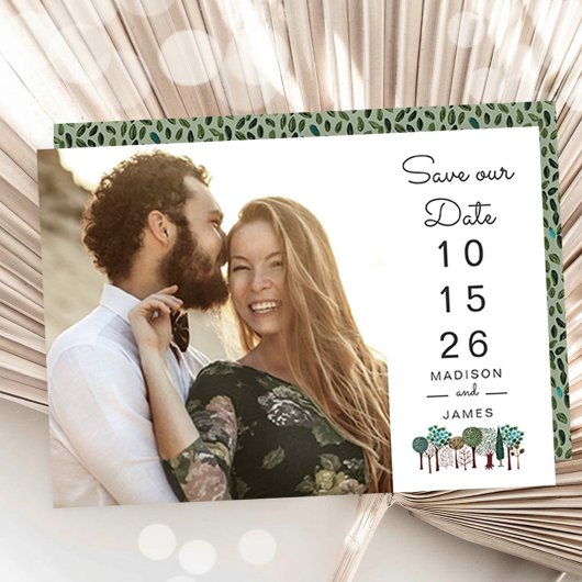Modern Photo Wedding Save the Date with Tree Icons セーブザデート