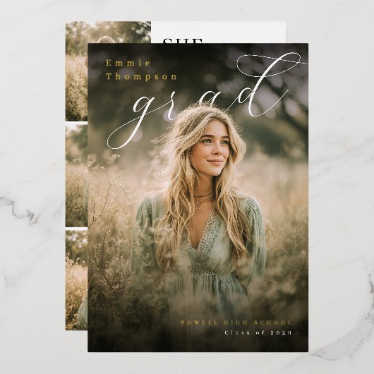 Modern PhotoPop Collage Graduation Party 箔招待状 (正面/裏面)