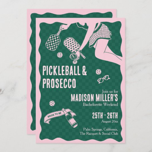 Modern Pickleball & Prosecco Bachelorette Weekend 招待状 (正面/裏面)