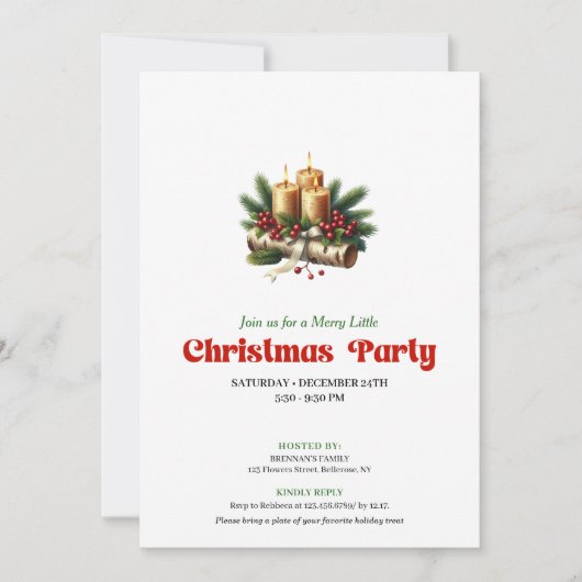 Modern Pine Wreath Candles Holiday Invitation Card 招待状 (正面)