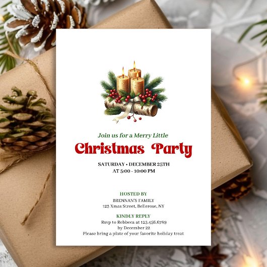 Modern Pine Wreath Candles Holiday Invitation Card 招待状