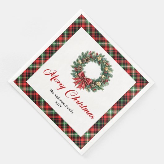 Modern Pine Wreath Christmas Napkin Custom Text (コーナー)