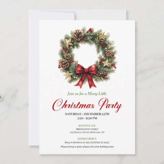 Modern Pine Wreath Christmas Party Editable 招待状 (正面)