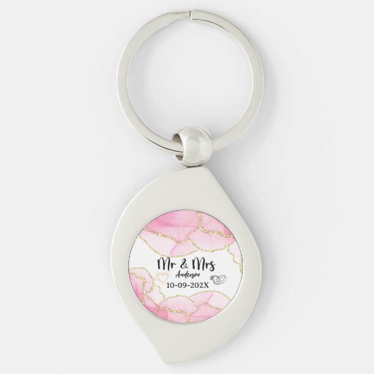 Modern Pink and Gold Mr and Mrs キーホルダー (正面)