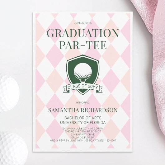 Modern Pink and Green Preppy Golf Graduation Party 招待状