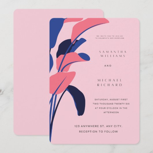 Modern Pink and Navy Tropical Leaf Wedding Invitat 招待状 (正面/裏面)
