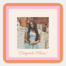 Modern Pink and Orange Border Photo Graduation スクエアシール