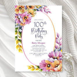 Modern Pink and Orange Floral 100th Birthday Party 招待状