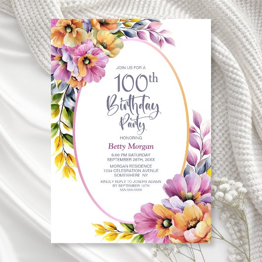 Modern Pink and Orange Floral 100th Birthday Party 招待状