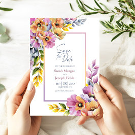 Modern Pink and Orange Floral Save the Date 招待状