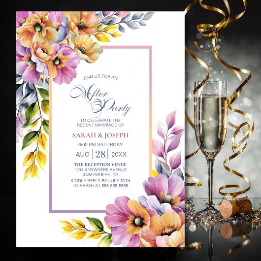 Modern Pink and Orange Floral Wedding After Party 招待状