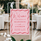 Modern Pink and Red Wavy Frame Wedding Welcome ポスター