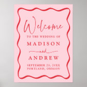 Modern Pink and Red Wavy Frame Wedding Welcome ポスター (正面)