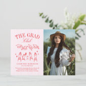 Modern Pink and White Stripe Photo Graduation 案内状 (スタンド正面)