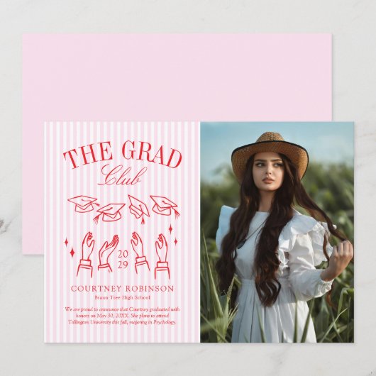 Modern Pink and White Stripe Photo Graduation 案内状 (正面/裏面)