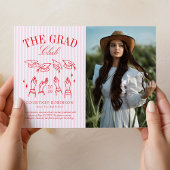 Modern Pink and White Stripe Photo Graduation 案内状