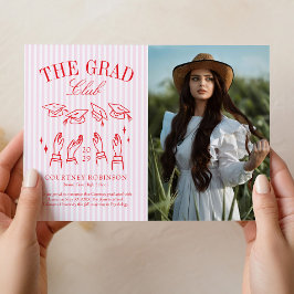 Modern Pink and White Stripe Photo Graduation 案内状