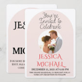 Modern Pink Arch Wedding Photo Invite with QR Code 招待状 (正面/裏面)