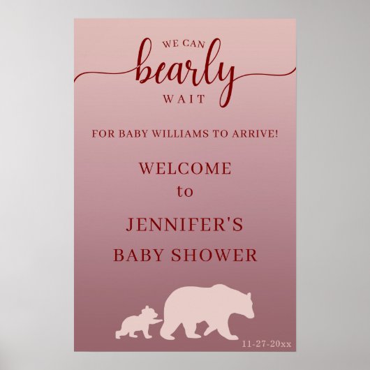 Modern Pink Bear Baby Shower Welcome Rustic ポスター (正面)