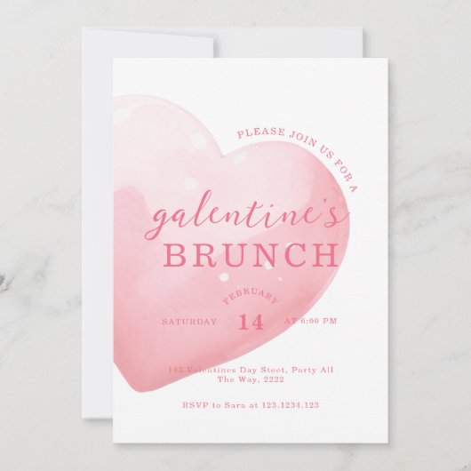 Modern Pink Big Heart Galentine's Day Brunch 招待状 (正面)